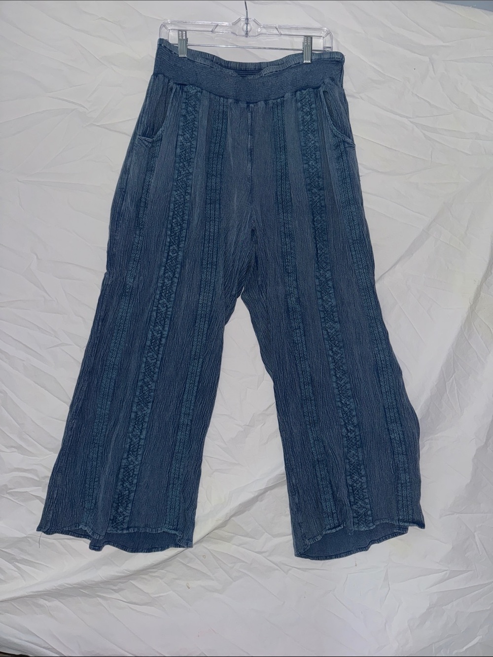 Studio West Denim-Blue Gauze Boho Resort Ribbed Wide-Band Wide Leg Knit Pants